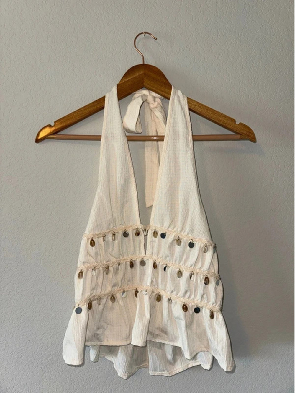 Small SHEIN Cream Backless Halter Top Fringe Sequin